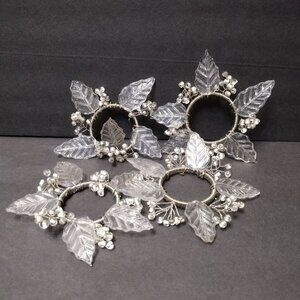 Silver and Clear Napkin Rings, set of 4, Acrylic Leaves and Beads with wire EUC